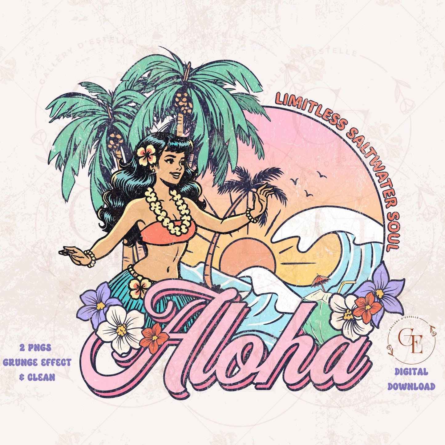 Aloha Summer PNG, Retro Hawaiian Coastal Hula Girl, Tropical Summer Beach Shirt Design