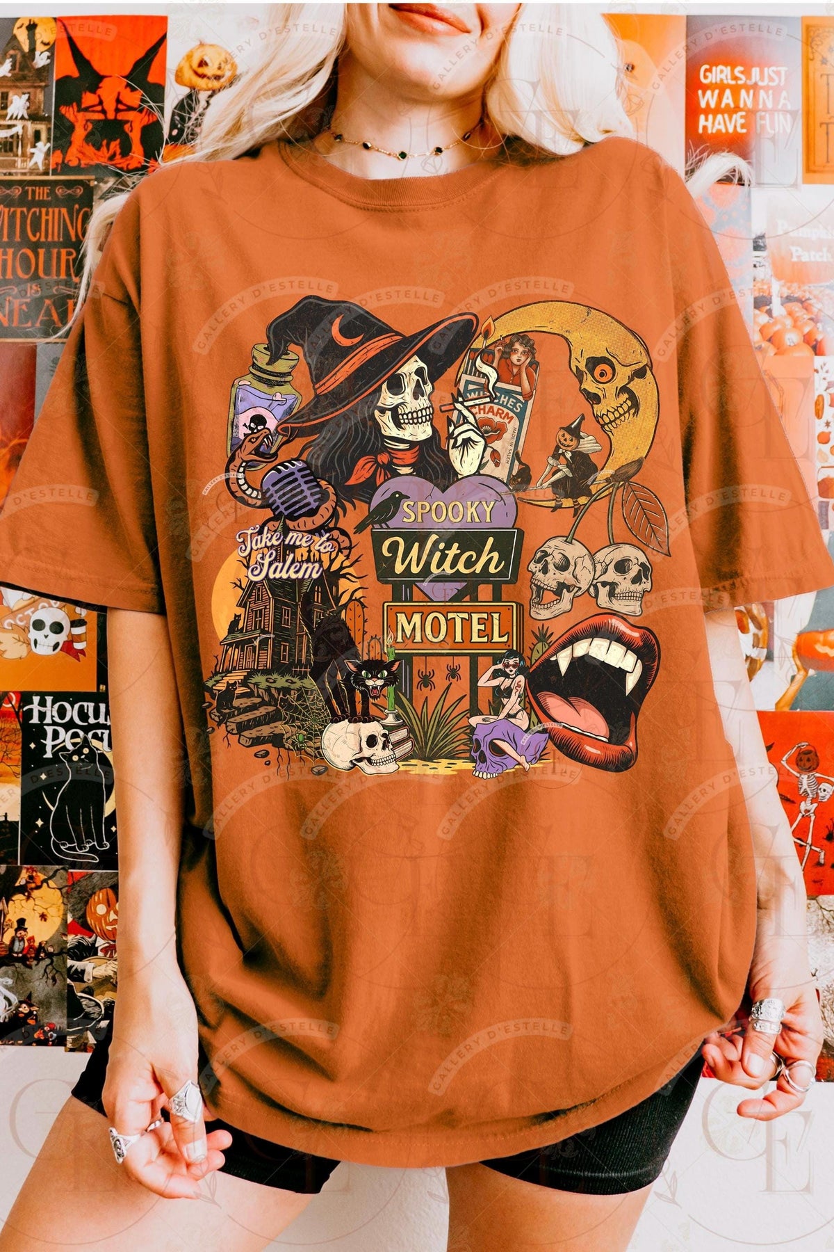 Person wearing a Halloween-themed t-shirt with graphics and text.