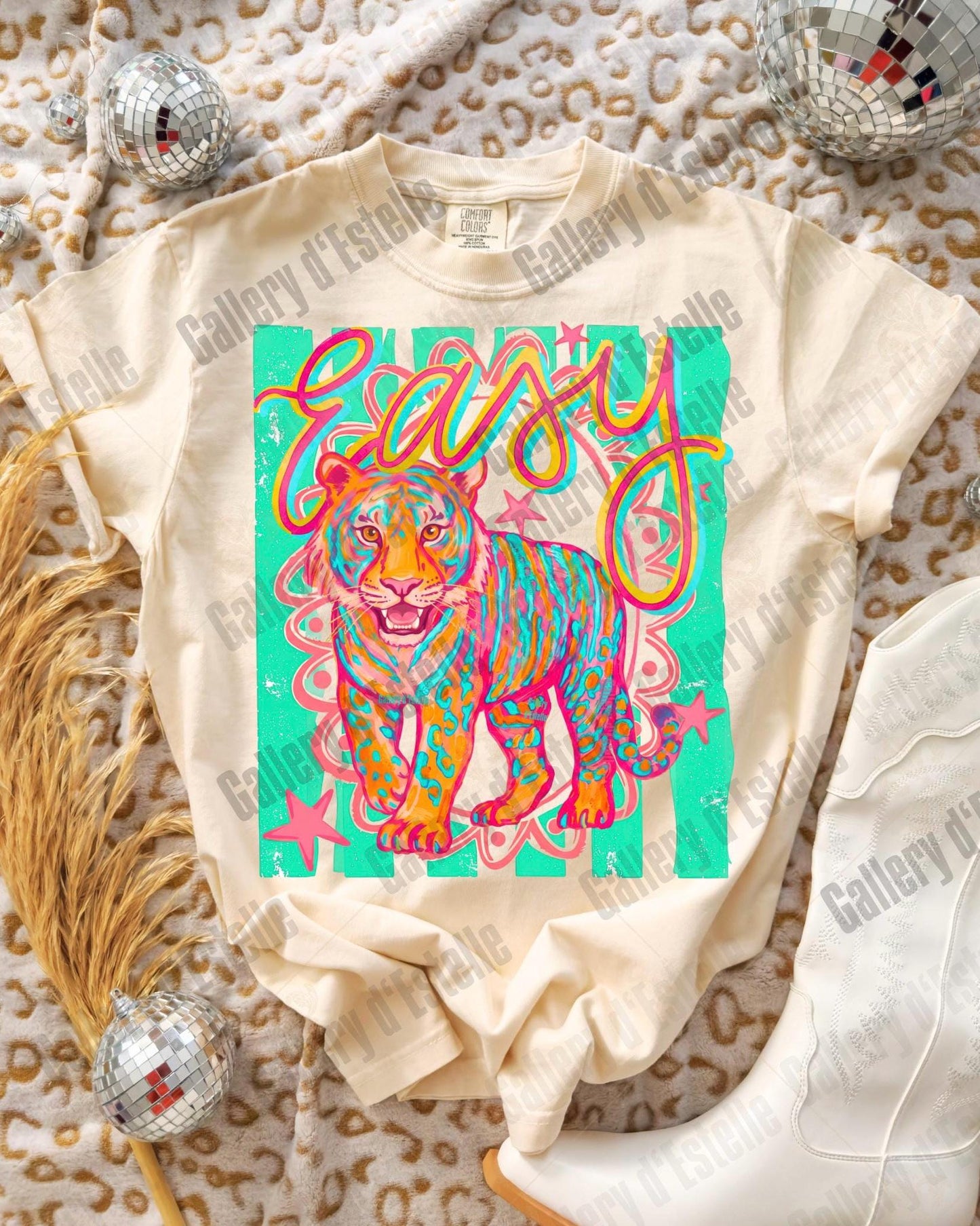 Preppy Easy Tiger PNG, Retro Summer Stripes Graphic, Funny Colorful Beach Shirt Design