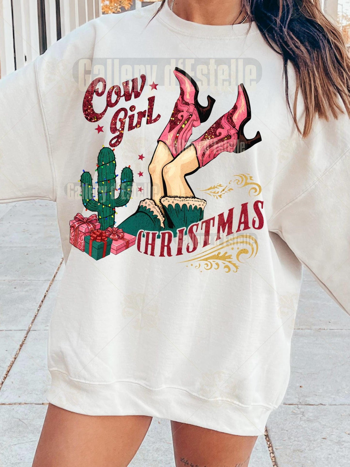 Preppy Cowgirl Christmas PNG, Retro Western Boots Holiday Graphic, Festive Country Shirt Design