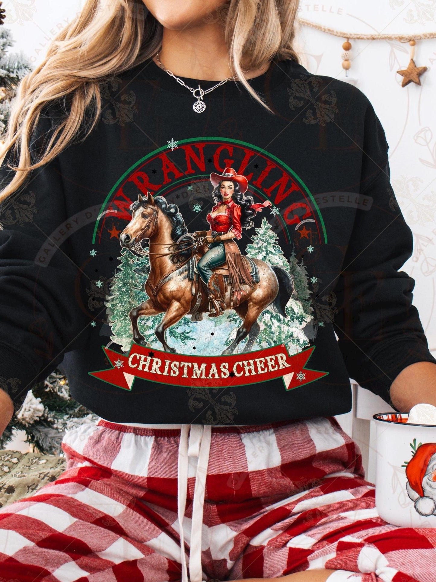 Wrangling Christmas Cheer PNG, Retro Cowgirl Holiday Graphic, Festive Westerm Rodeo Sublimation, Trendy Country Shirt Design