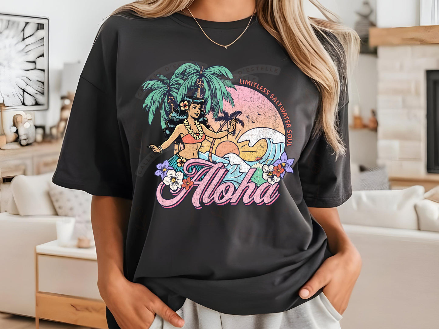 Aloha Summer PNG, Retro Hawaiian Coastal Hula Girl, Tropical Summer Beach Shirt Design