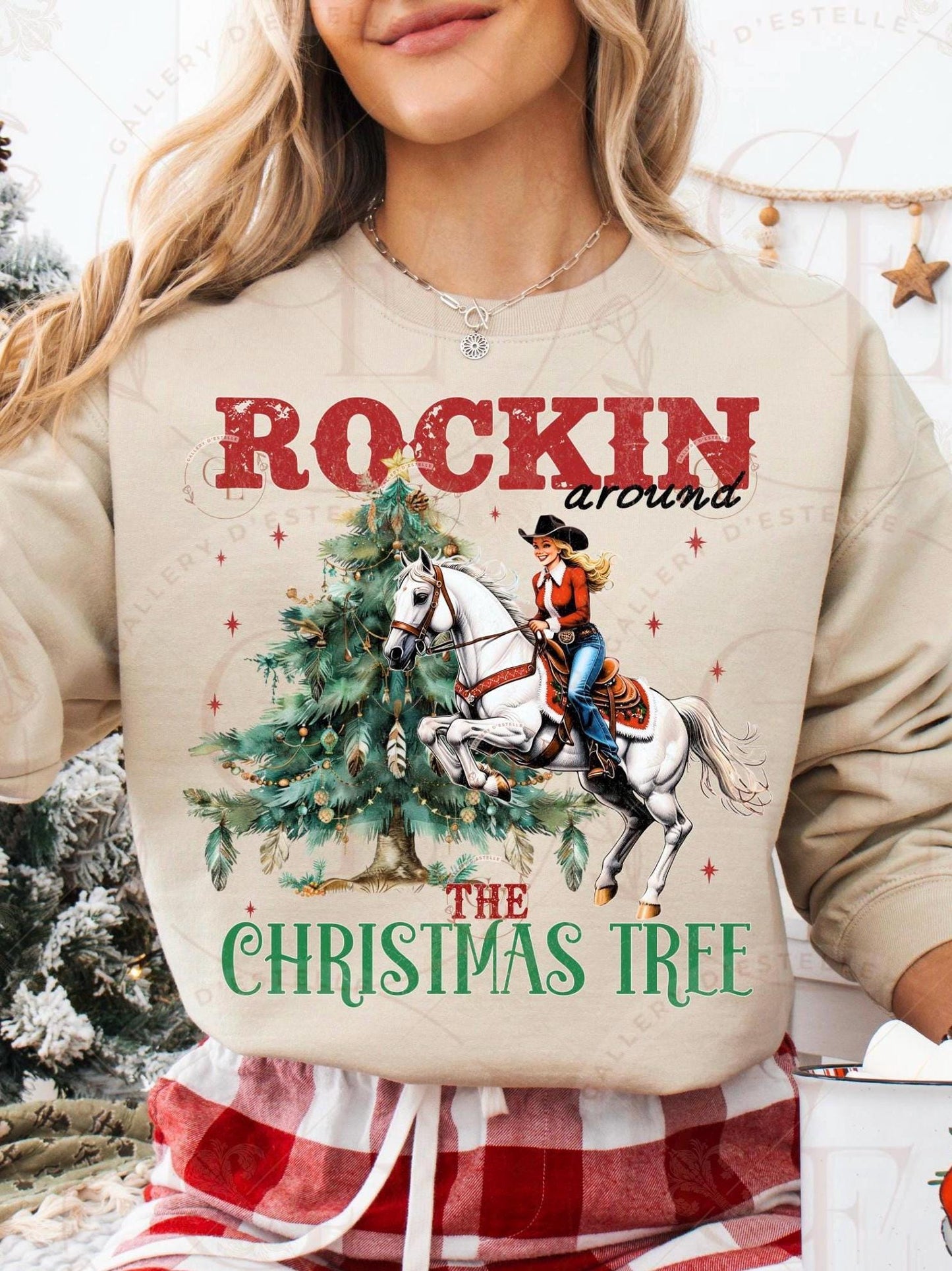 Rockin Around the Christmas Tree PNG, Retro Western Cowgirl Graphic, Festive Rodeo Design, Trendy Holiday Shirt Sublimation