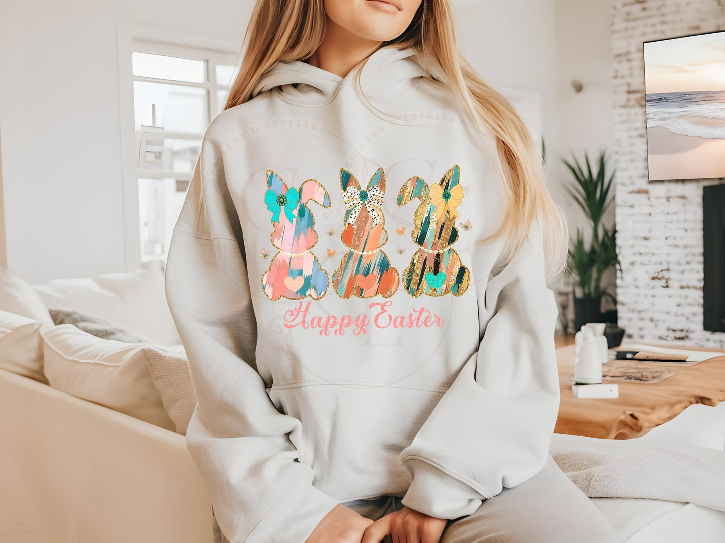 Coquette Easter Bunnies PNG, Gold Pink Brushstroke Art, Happy Easter Graphic, Trendy Country Shirt Design
