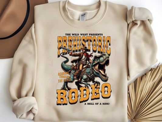 Prehistoric Rodeo PNG, Vintage Wild West Cowboy Riding Dino Graphic, Retro Western T-Rex Shirt Design