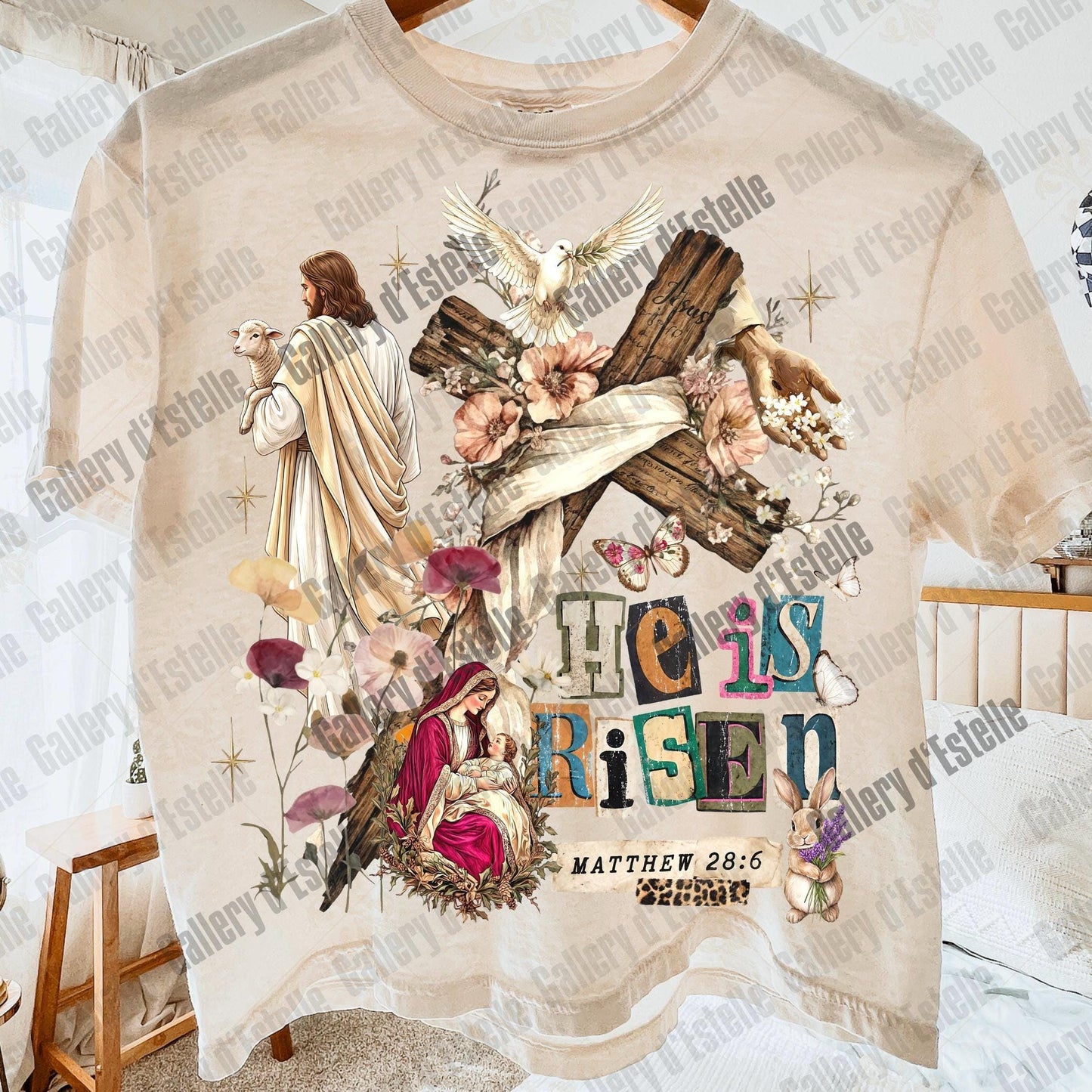 He Is Risen Collage PNG, Vintage Floral Easter Graphic, Coquette Christian Shirt Design