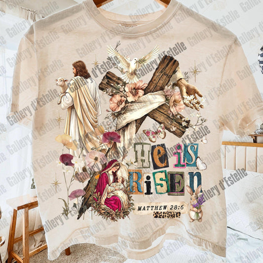 He Is Risen Collage PNG, Vintage Floral Easter Graphic, Coquette Christian Shirt Design