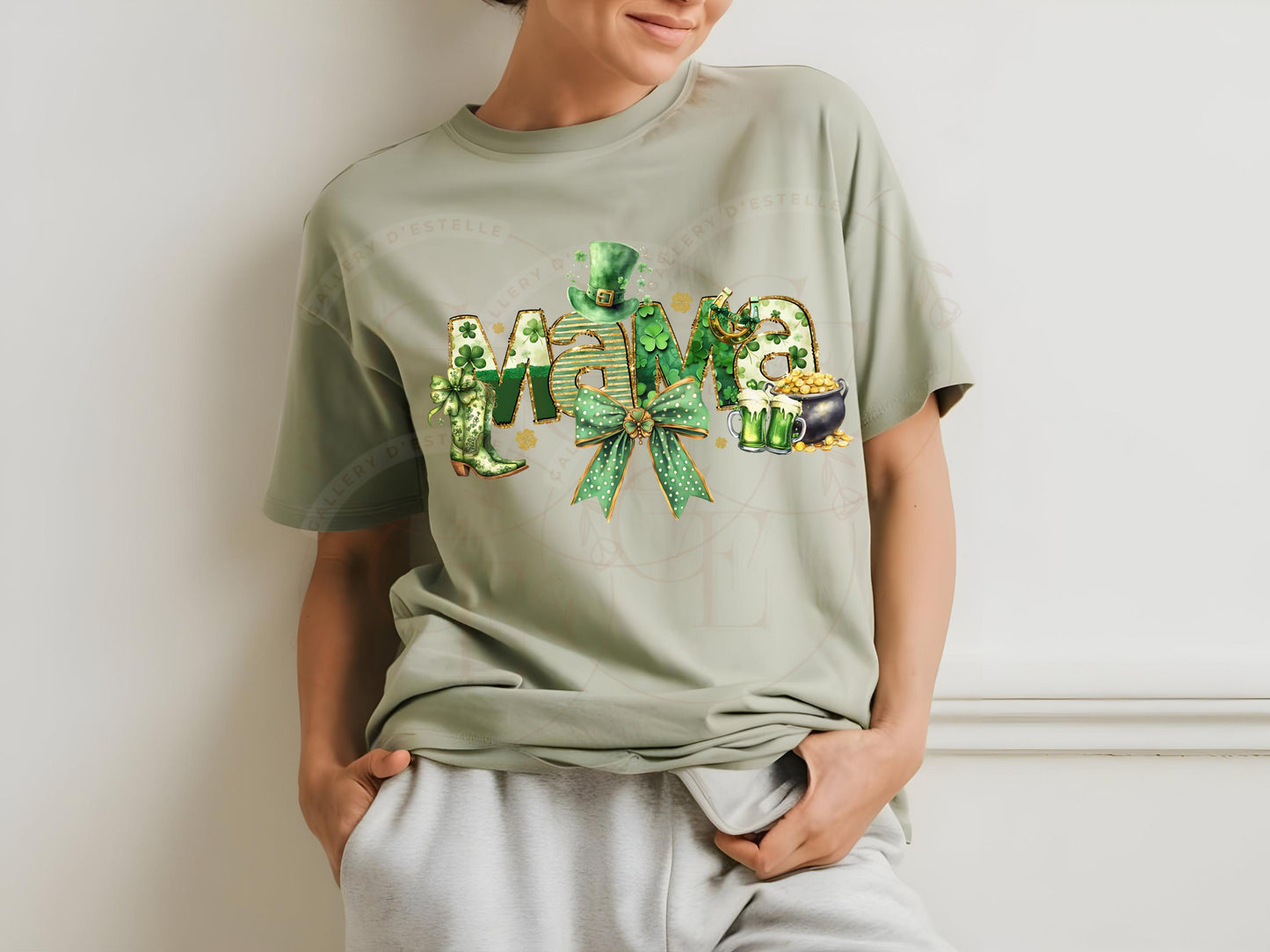 Mama Mini PNG, Glittery Coquette St. Patricks Day Graphic, Lucky Irish Charm Bow Art, Trendy Girl Shirt Design