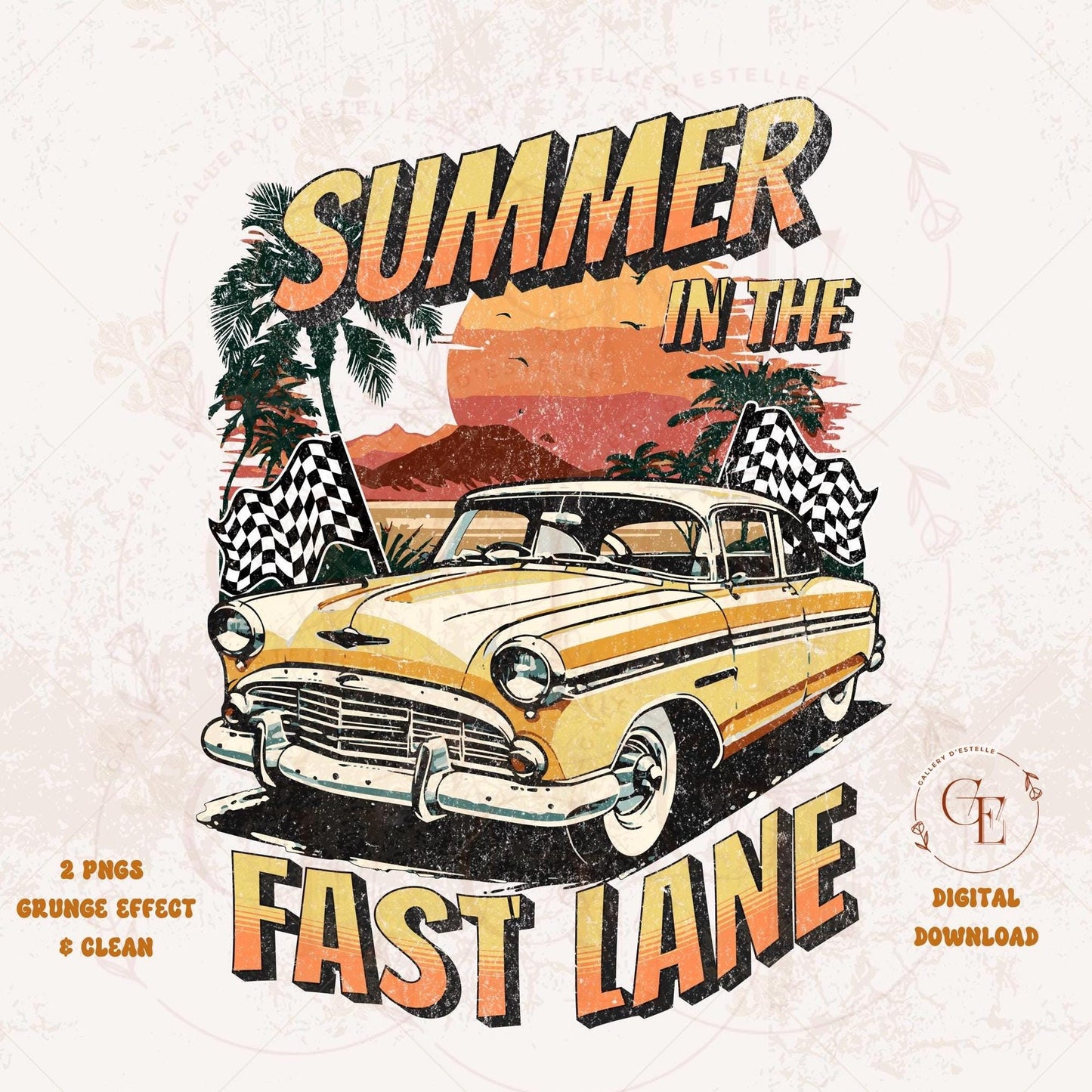 Summer in the Fast Lane PNG, Retro Vintage Race Car Graphic, Trendy Checkered Motor Club Shirt Design