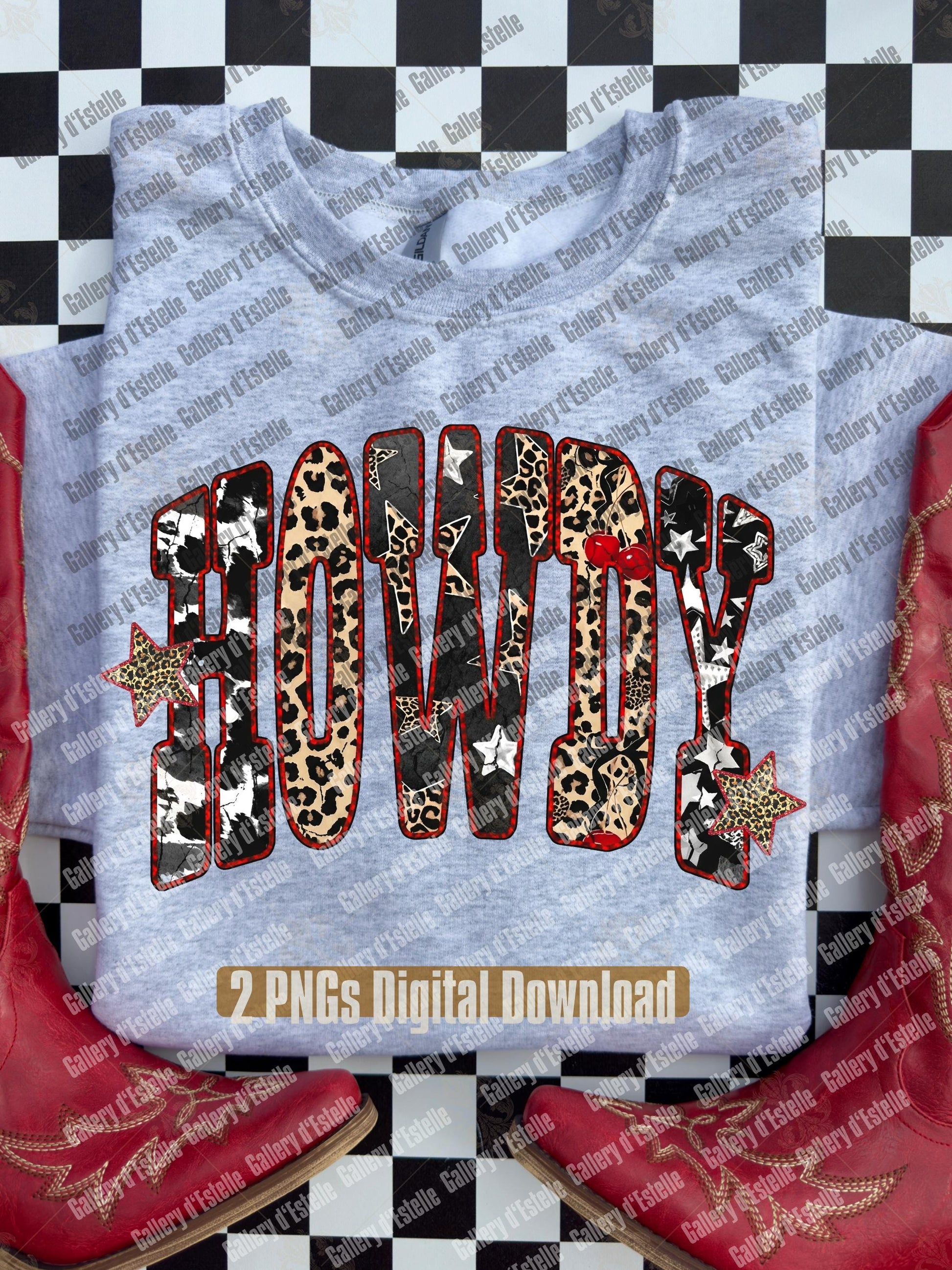 Digital design of a shirt with 'HOWDY' text in various patterns on a checkered background.