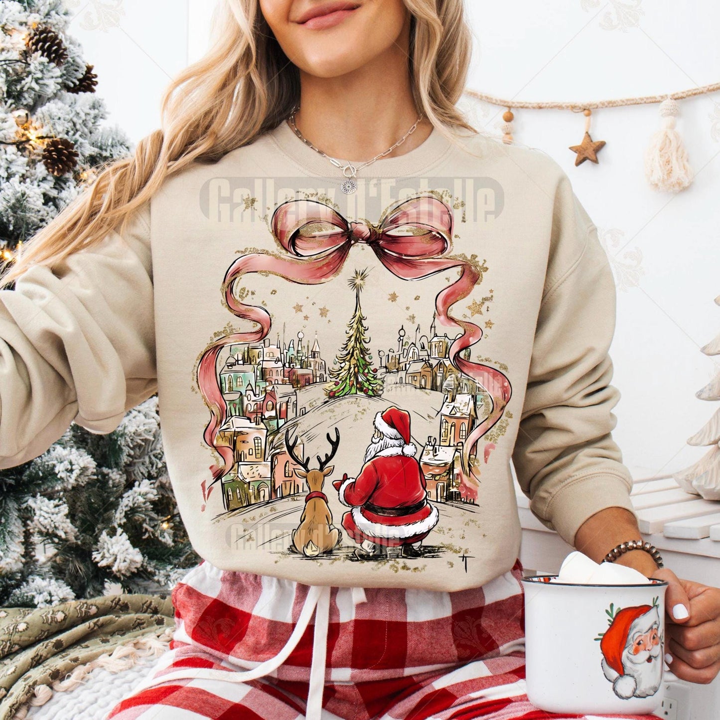 Coquette Christmas Town PNG, Retro Santa & Reindeer Graphic, Whimsical Holiday Shirt Design, Festive Christmas Art