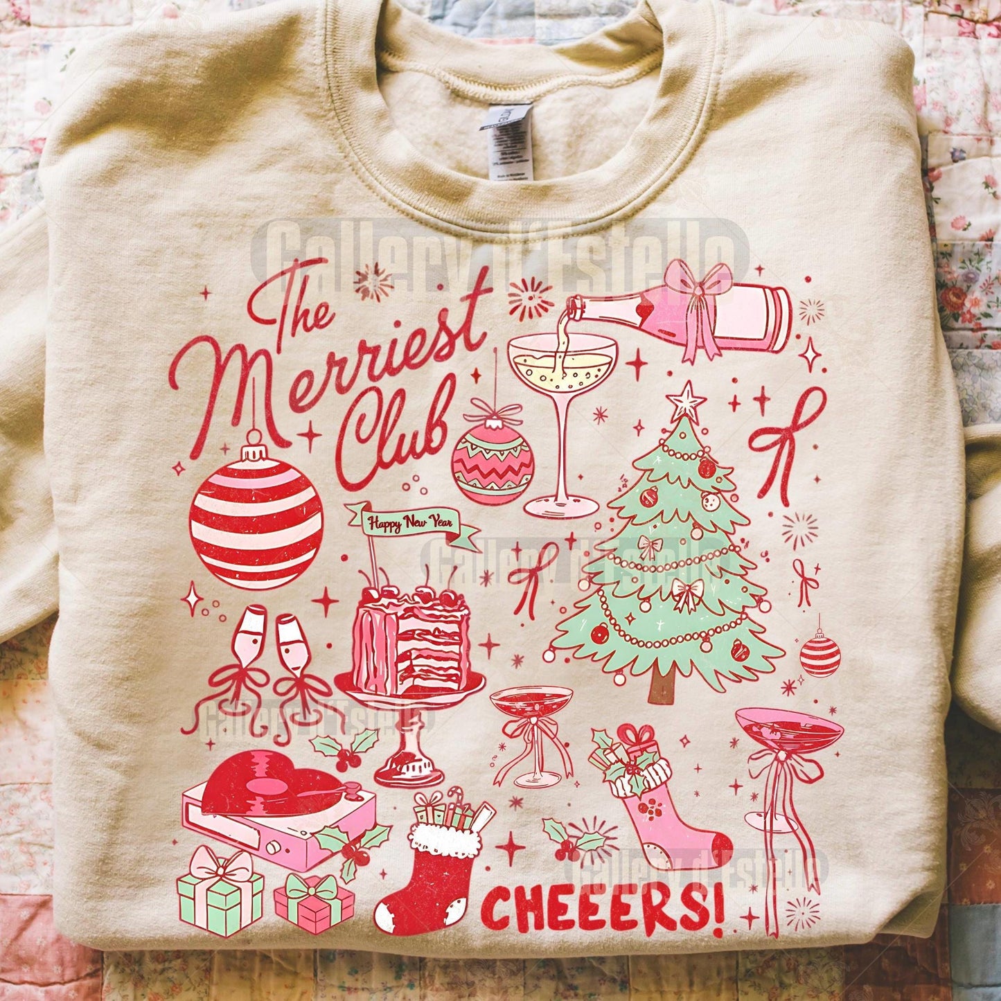 Coquette Merriest Club PNG, Cute Christmas Collage Graphic, Retro Holiday Party Design, Trendy Festive Shirt Design