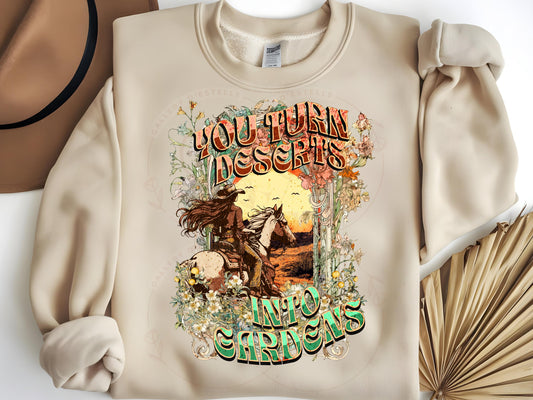 You turn Deserts into Gardens PNG, Boho Western Cowgirl Rodeo Graphic, Floral Wild West Art, Trendy Country Shirt Design
