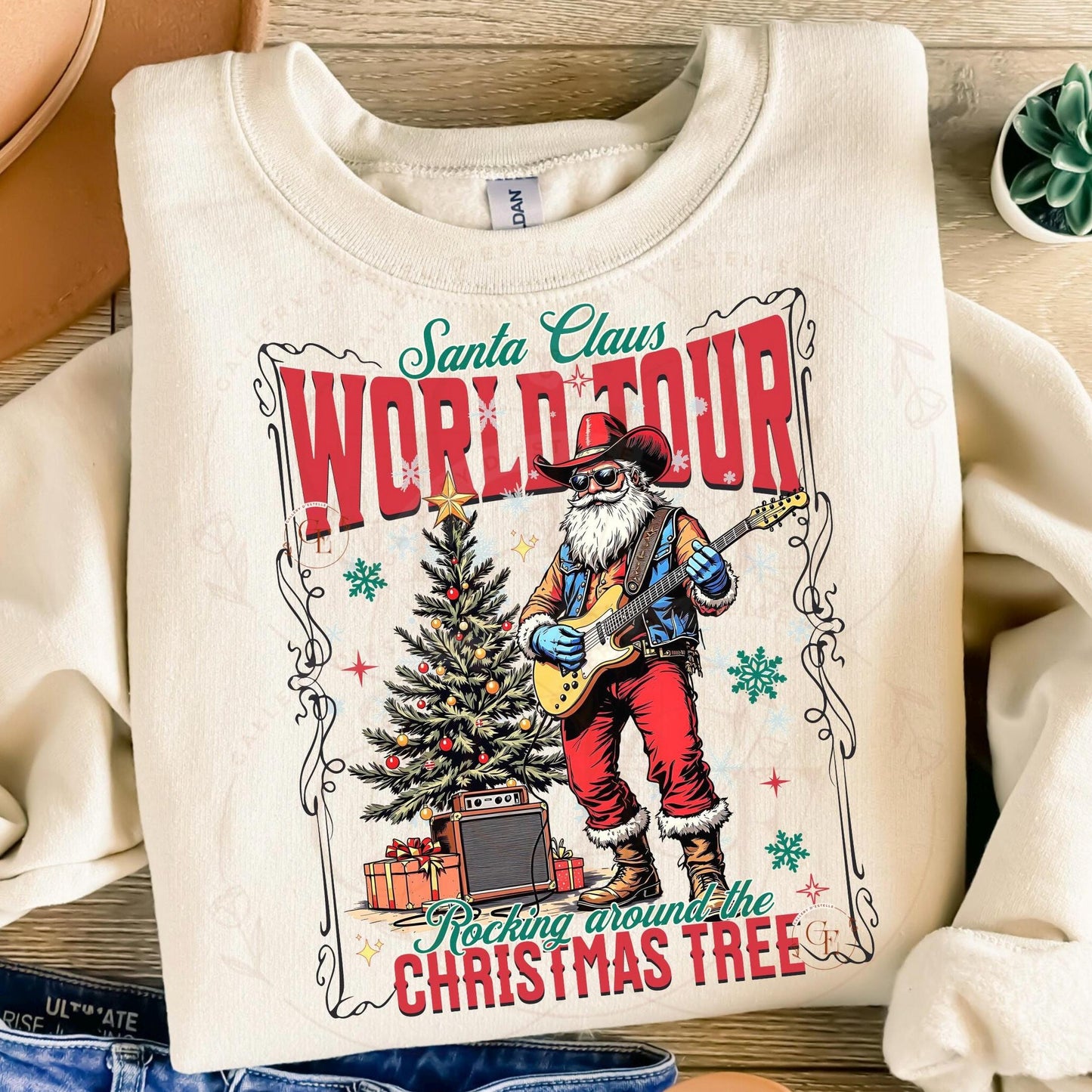 Santa Claus World Tour Western PNG, Retro Christmas Cowboy Rocker Graphic, Trendy Holiday Country Shirt Design
