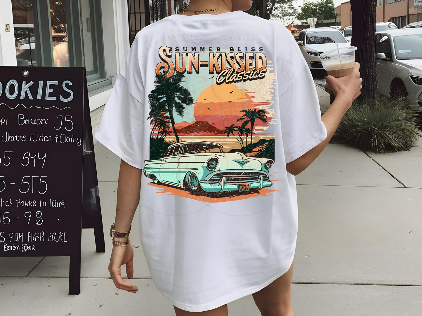 Sun-Kissed Classics PNG, Retro Vintage Race Car Graphic, Trendy Sunset Beach Coastal Shirt Design