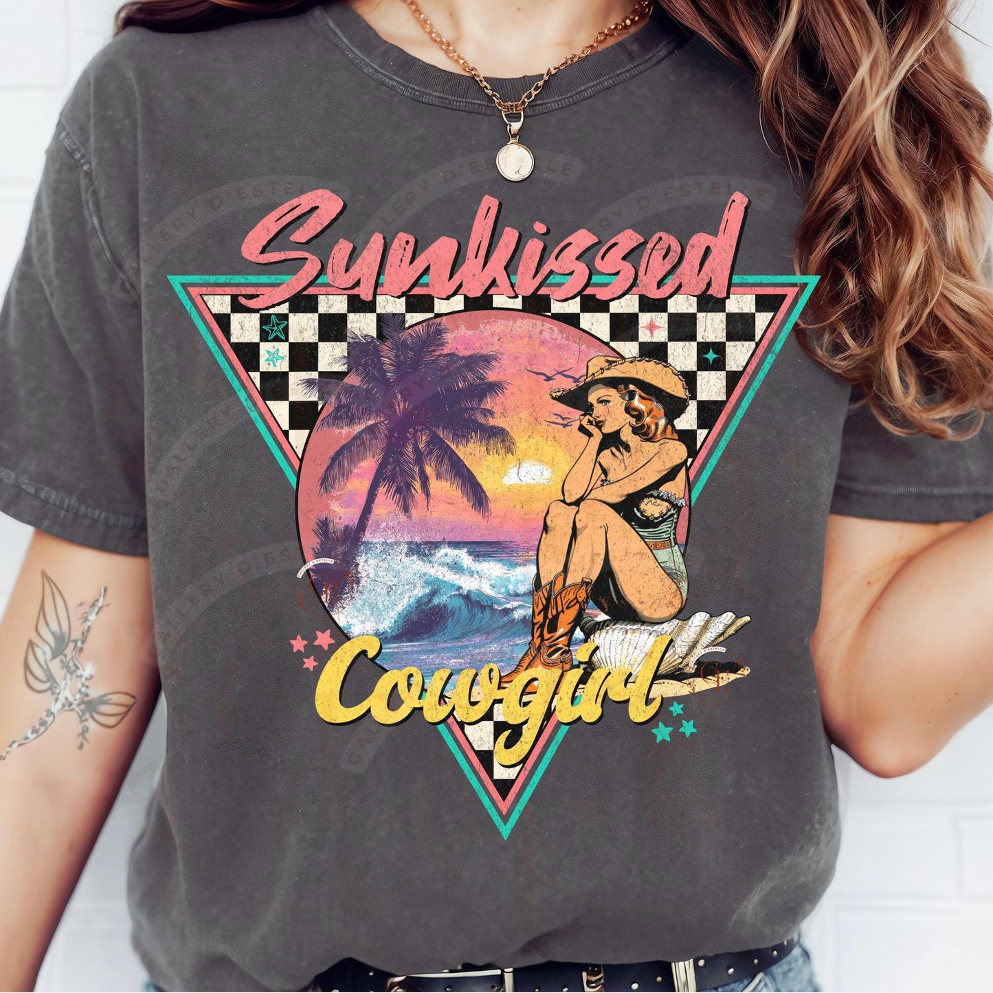 Sunkissed Cowgirl PNG, Retro Coastal Summer Vibes Graphic, Trendy Western Checkered Shirt Design