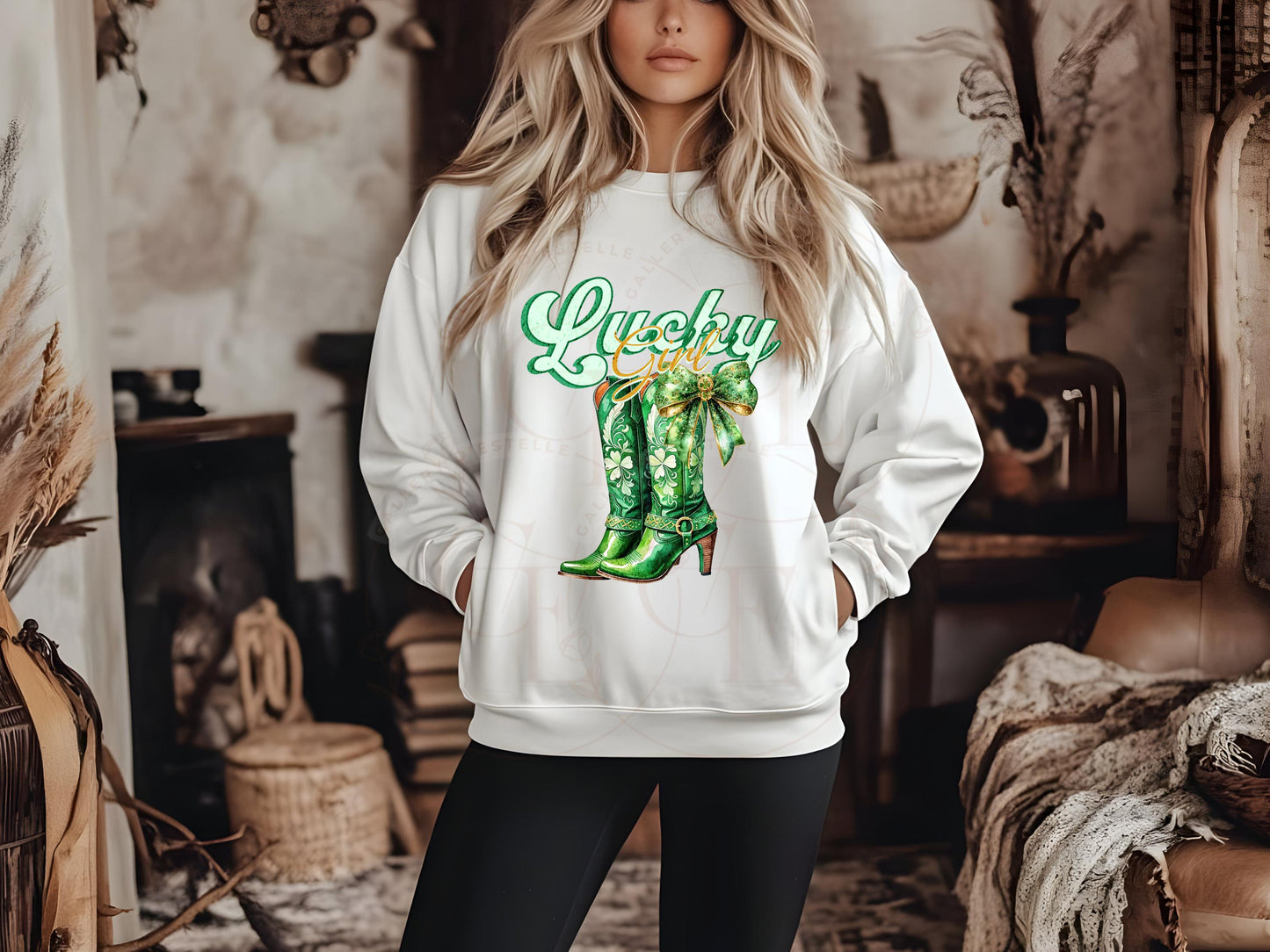 Lucky Girl Western PNG, Retro Cowgirl Boots Graphic, Coquette St.Patricks Day Country Shirt Design