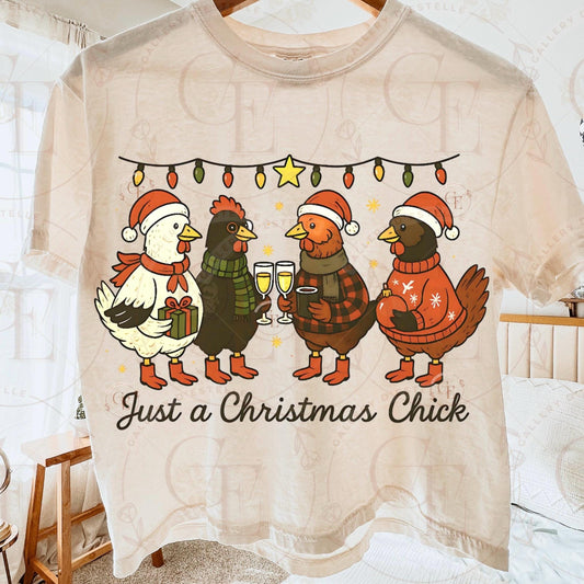 Just a Christmas Chick PNG, Festive Retro Chicken Graphic, Cute Farmhouse Holiday Art, Trendy Country Christmas Shirt Design