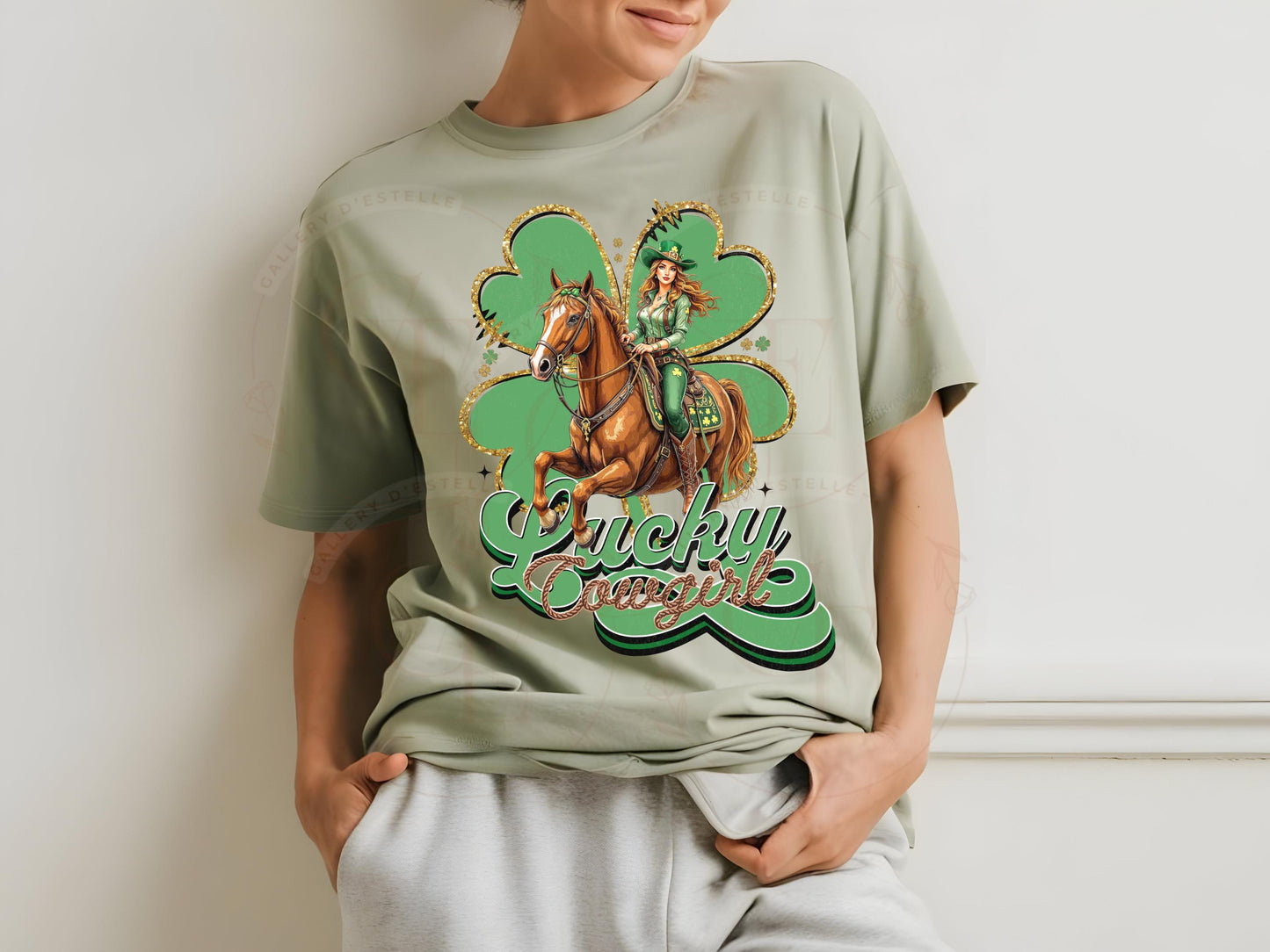 Lucky Cowgirl PNG, St. Patricks Day Western Graphic, Retro Lucky Clover Art, Trendy Country Shirt Design