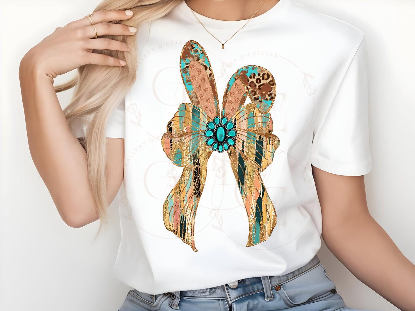 Western Coquette Glitter Bow PNG, Gold Brushstroke Easter Bunny Graphic, Trendy Cowgirl Shirt Design