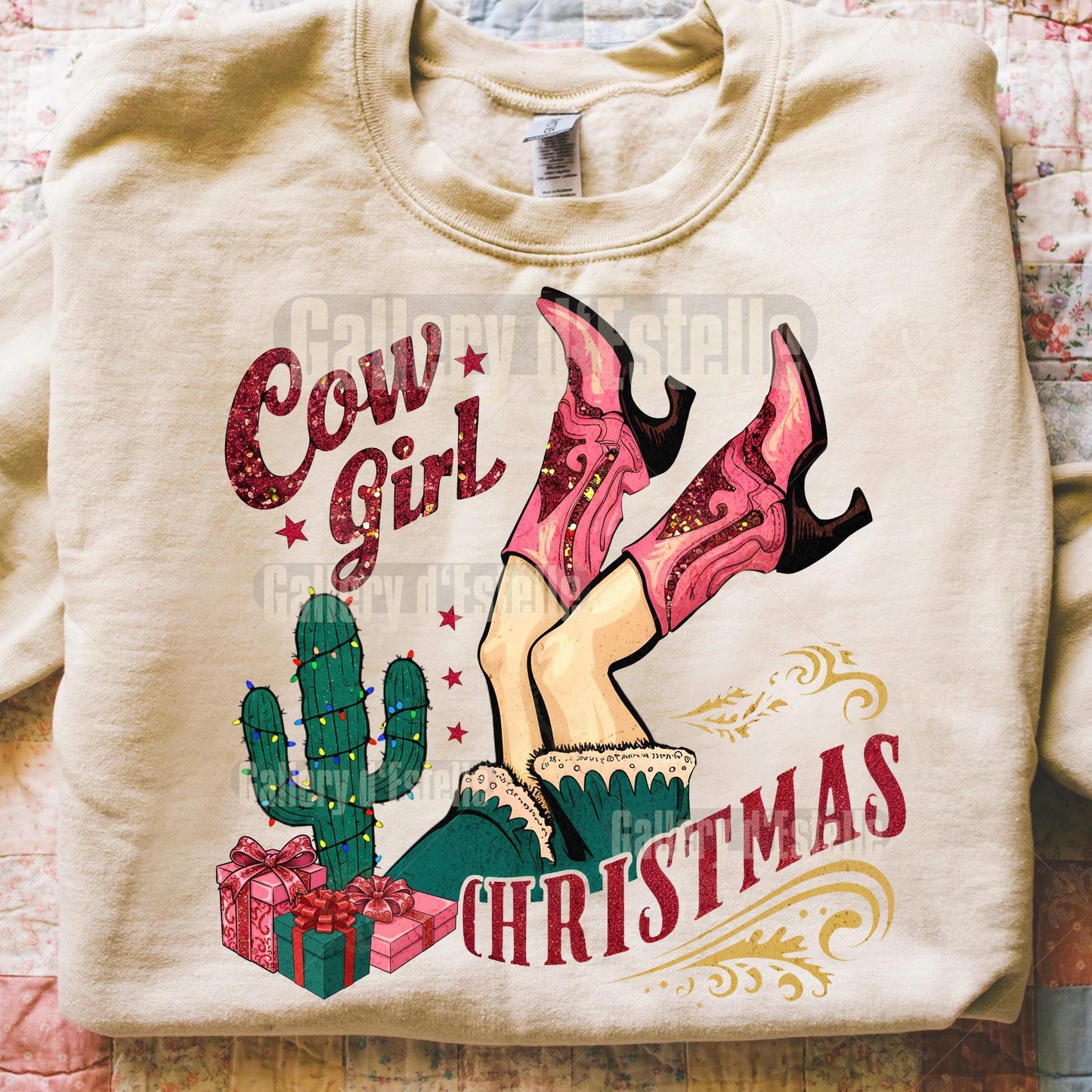 Preppy Cowgirl Christmas PNG, Retro Western Boots Holiday Graphic, Festive Country Shirt Design