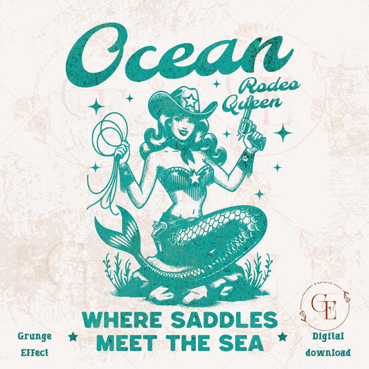 Ocean Rodeo Queen PNG, Retro Western Cowgirl Mermaid Graphic, Coastal Mermaid Girl Country Shirt Design