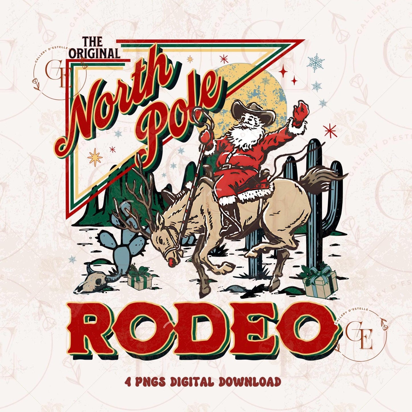 Vintage-style poster of Santa riding a bucking bronco with 'The Original North Pole Rodeo' text.