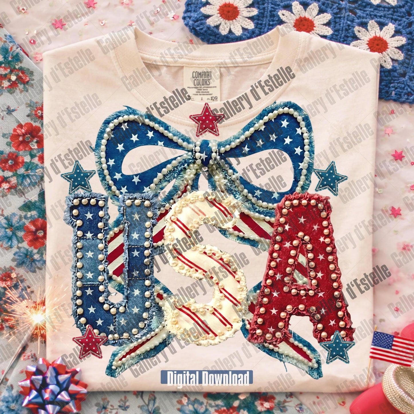 Decorative shirt with patriotic faux patchwork design of the phrase "USA" on a colorful background