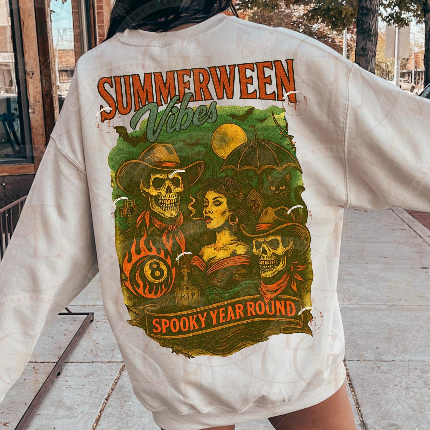 Summerween Vibes Western PNG, Retro Halloween Skeleton Collage, Spooky Gothic Country Shirt Design