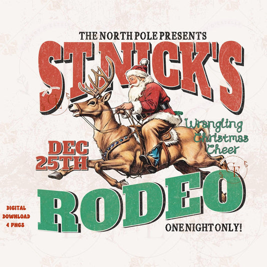 St.Nick's Rodeo Country PNG, Retro Western Santa Riding Reindeer Graphic, Trendy Cowboy Christmas Shirt Design