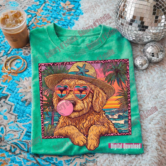 Green t-shirt with a goldendoodle dog graphic design on a textured surface with a drink and disco ball.