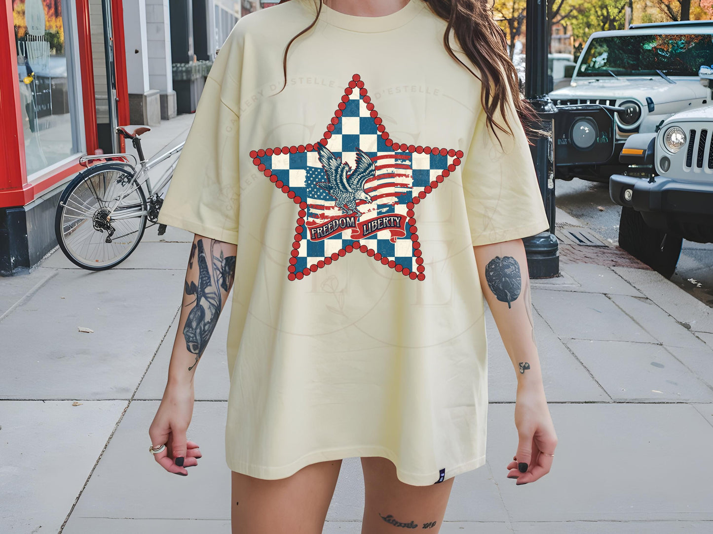 Retro Patriotic Cowgirl PNG, Vintage Checkered Poker Star Graphic, Western 4th of July Shirt Design