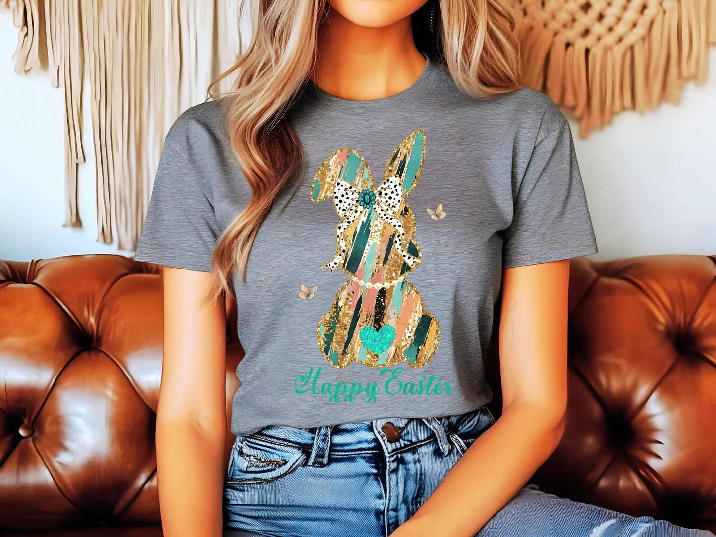 Coquette Glitter Bunny PNG, Dalmatian Gold Brushstroke Bow Graphic, Trendy Happy Easter Country Shirt Design