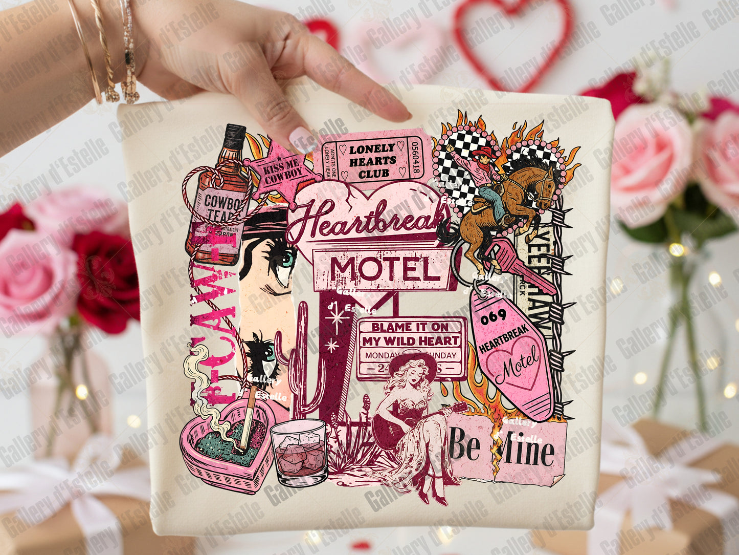 Heartbreak Motel Collage PNG, Retro Western Love Graphic, Edgy Cowgirl Breakup Art, Trendy Anti Valentine Shirt PNG