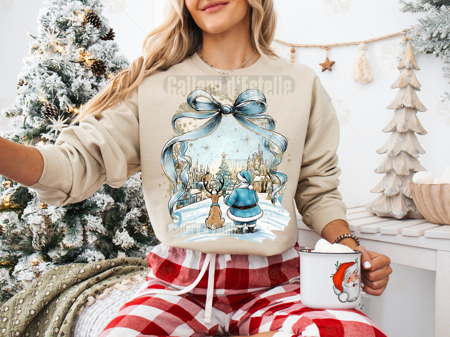 Blue Christmas Town PNG, Retro Santa and Reindeer, Whimsical Winter Holiday Sublimation, Coquette Shirt Design