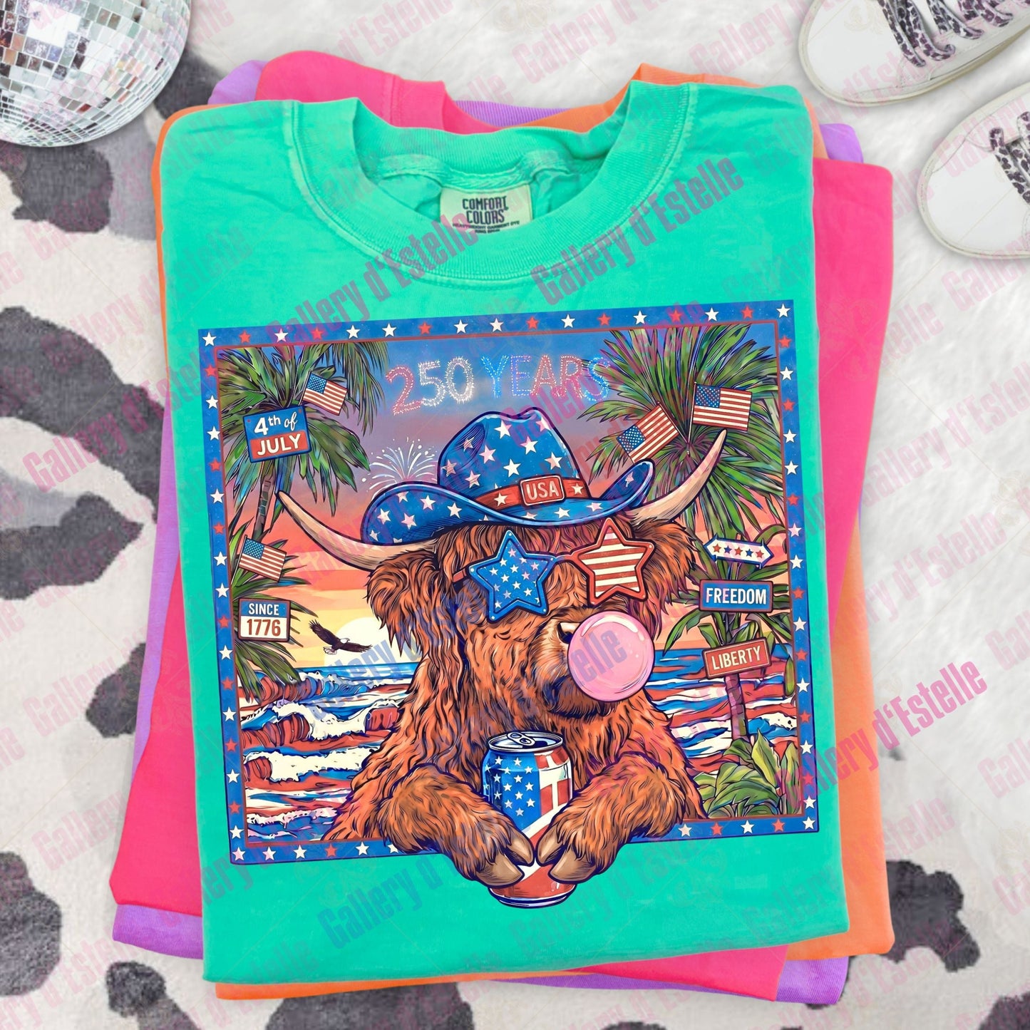 Patriotic Highland Cow PNG, Western 4th of July Graphic, Trendy USA Freedom Shirt Design