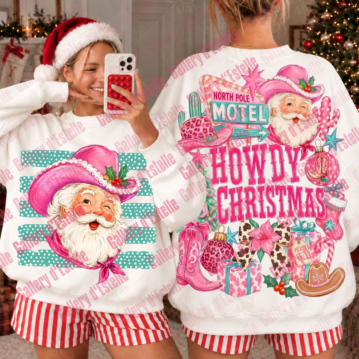 Two women modeling matching white Christmas-themed sweatshirts in a holiday indoor setting. One shows the front with a pink Santa hat graphic and teal stripes, and the other shows the back with a large pink 'HOWDY CHRISTMAS' design and Santa artwork.