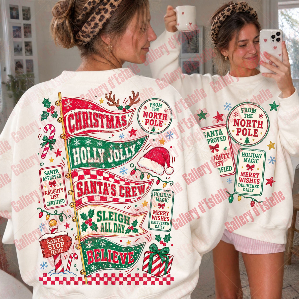 A woman wearing a white Christmas-themed sweatshirt, shown from the back and reflected in a mirror. The sweatshirt features colorful holiday graphics including 'Christmas Holly Jolly', 'Santa's Crew', and 'Sleigh All Day' on a white background.