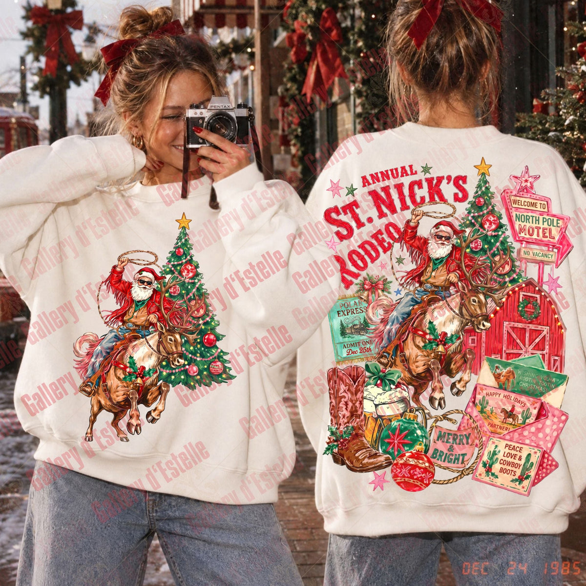 Two women shown from the front and back wearing matching Christmas-themed crewneck sweatshirts. The left model wears a white sweatshirt with a Santa riding a reindeer and Christmas tree graphic on the front.