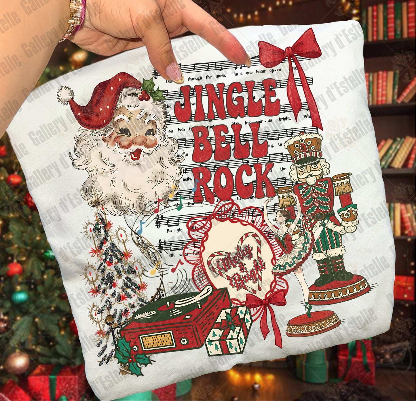 Decorative pillow with Christmas design featuring Santa Claus, Nutcracker, and candy cane, held against a blurred bookshelf background.