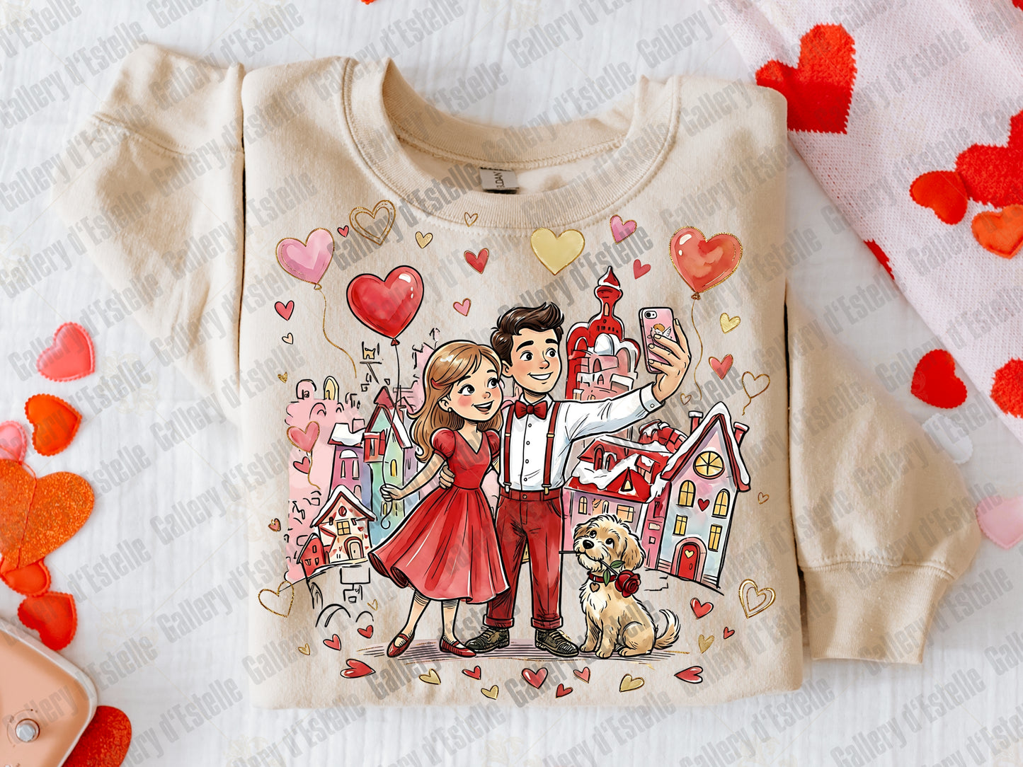 Retro Valentine Love PNG, Whimsical Selfie Couple Illustration, Preppy VDay Shirt Design