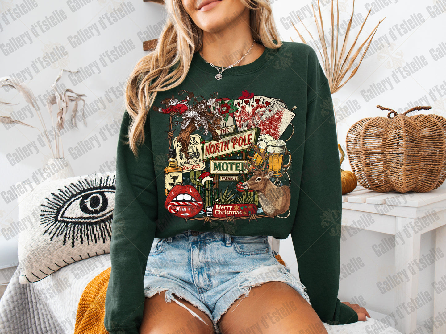 North Pole Motel PNG, Western Christmas Cowboy Holiday Collage, Retro Santa Graphic, Festive Country Shirt Design