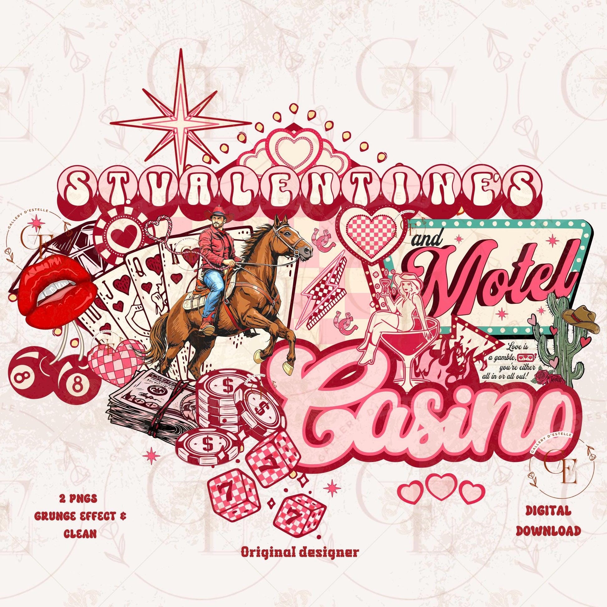 St. Valentines Casino Western PNG with retro Vegas motel and cowboy casino collage
