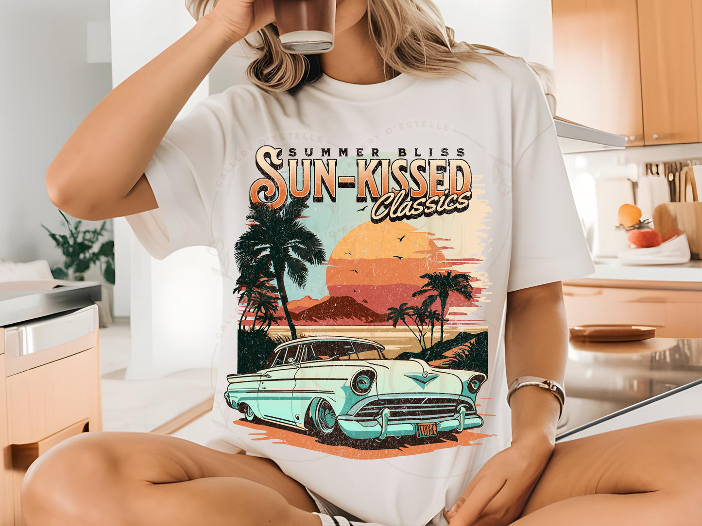Sun-Kissed Classics PNG, Retro Vintage Race Car Graphic, Trendy Sunset Beach Coastal Shirt Design