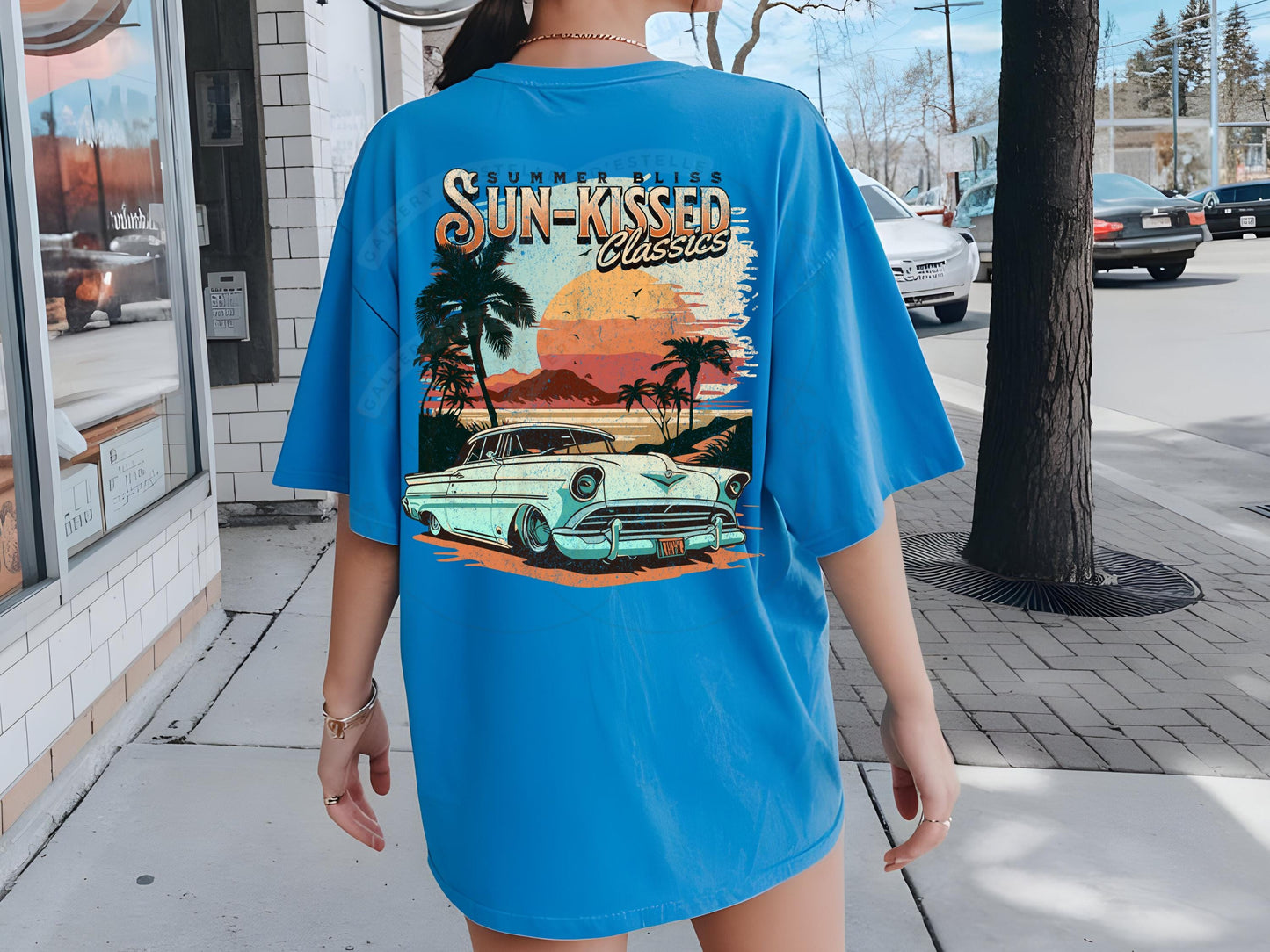 Sun-Kissed Classics PNG, Retro Vintage Race Car Graphic, Trendy Sunset Beach Coastal Shirt Design