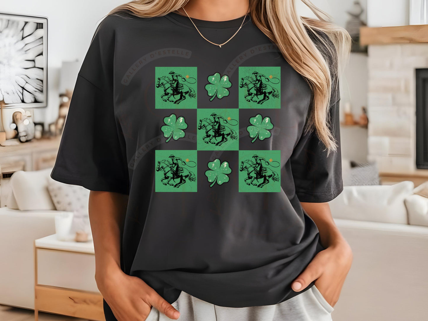 Western St. Patricks Day Checkered PNG, Retro Lucky Shamrock Graphic, Cowboy Rodeo Sublimation, St Paddys Shirt Design