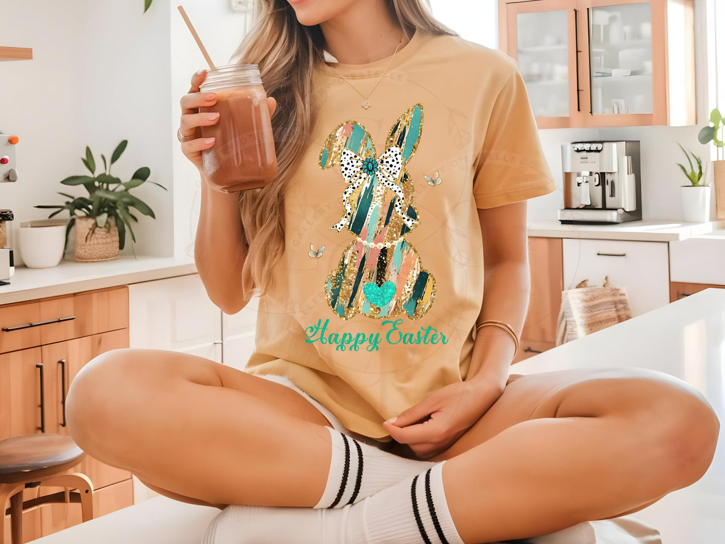 Coquette Glitter Bunny PNG, Dalmatian Gold Brushstroke Bow Graphic, Trendy Happy Easter Country Shirt Design