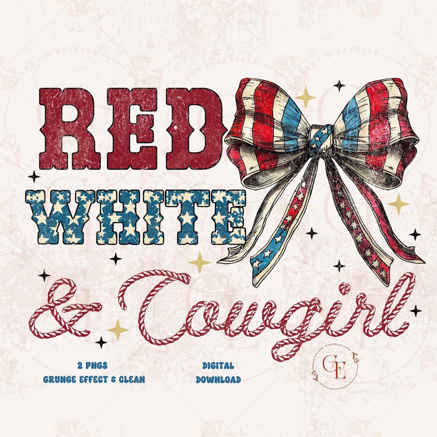 Red White & Cowgirl PNG featuring retro western cowgirl with coquette bow elements and patriotic 4th of July red white and blue rodeo design
