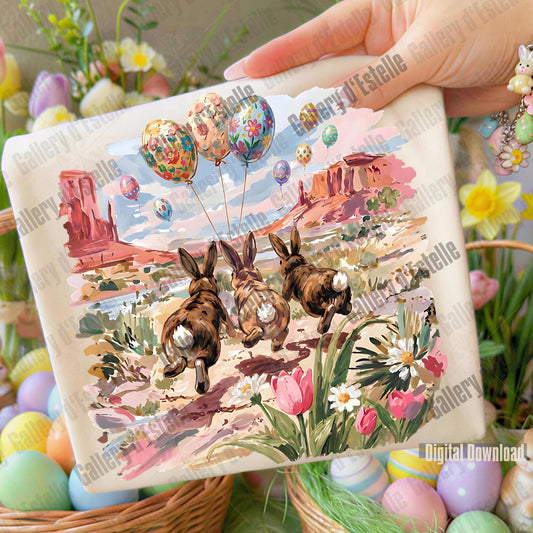 Easter-themed product with bunnies and balloons, held by a hand, surrounded by Easter eggs and flowers.