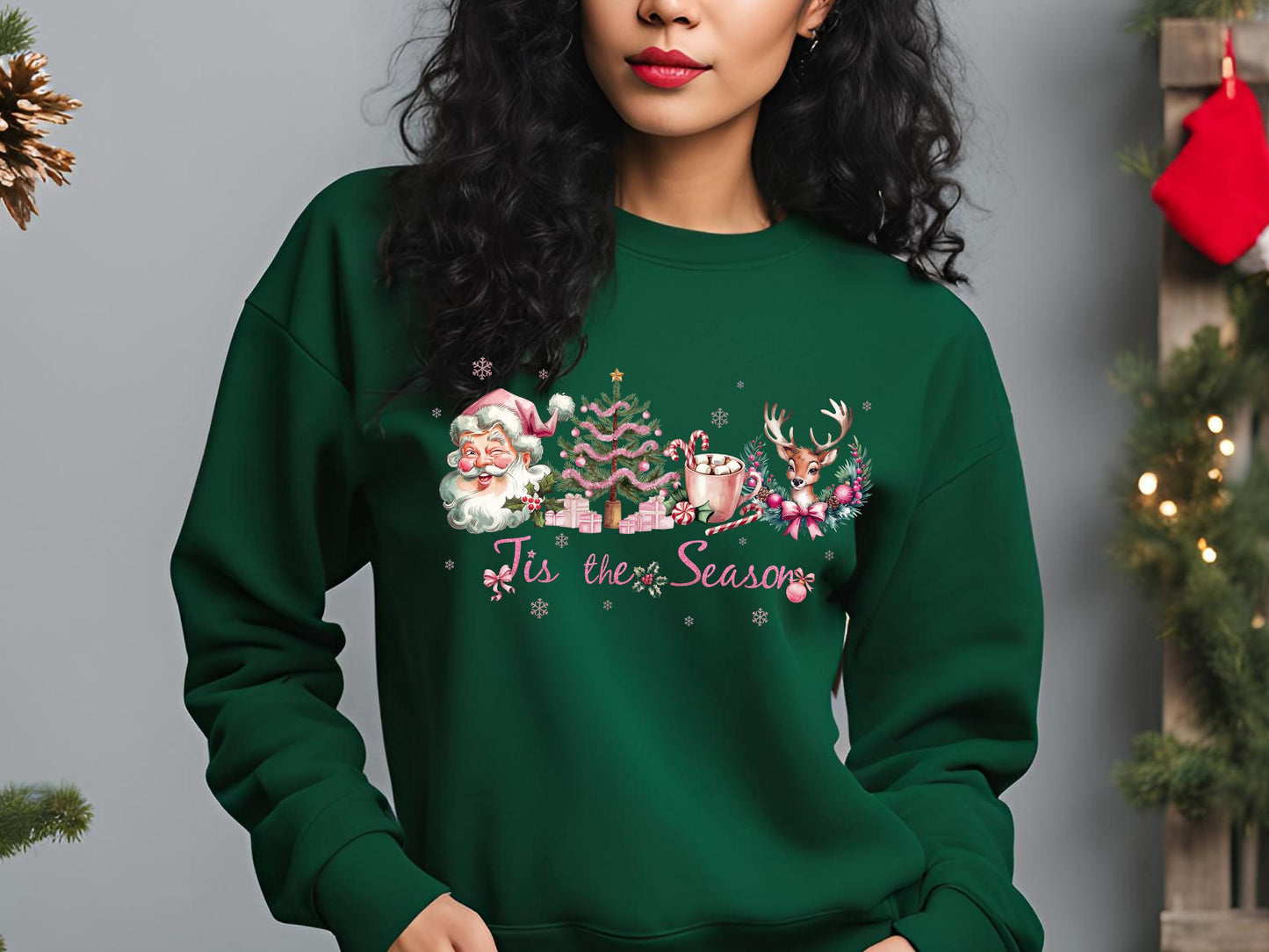 Tis the Season Christmas PNG, Retro Pink Holiday Graphic, Cute Santa and Reindeer Design, Coquette Festive Shirt Sublimation
